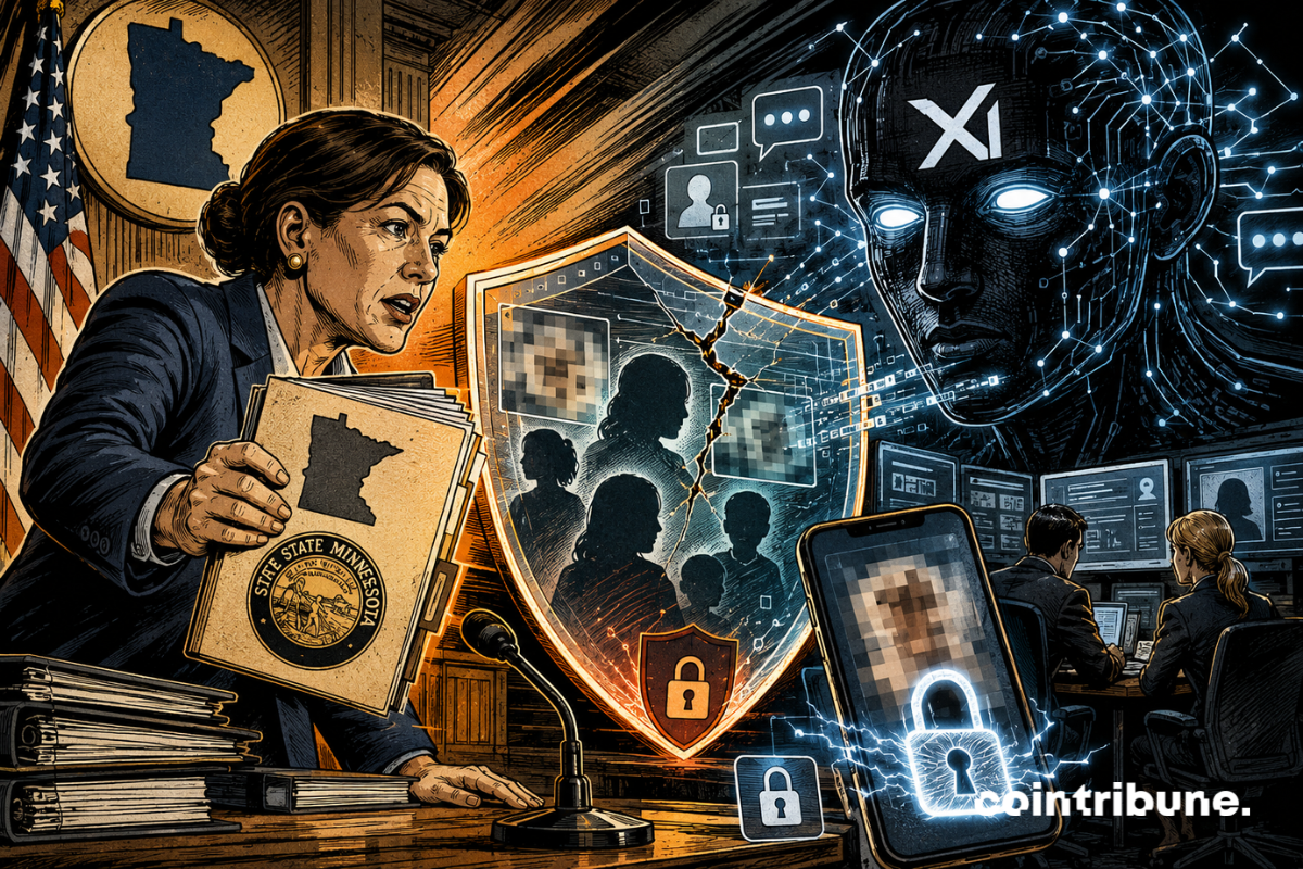 A Minnesota official confronts an AI in front of a shield protecting anonymous users.