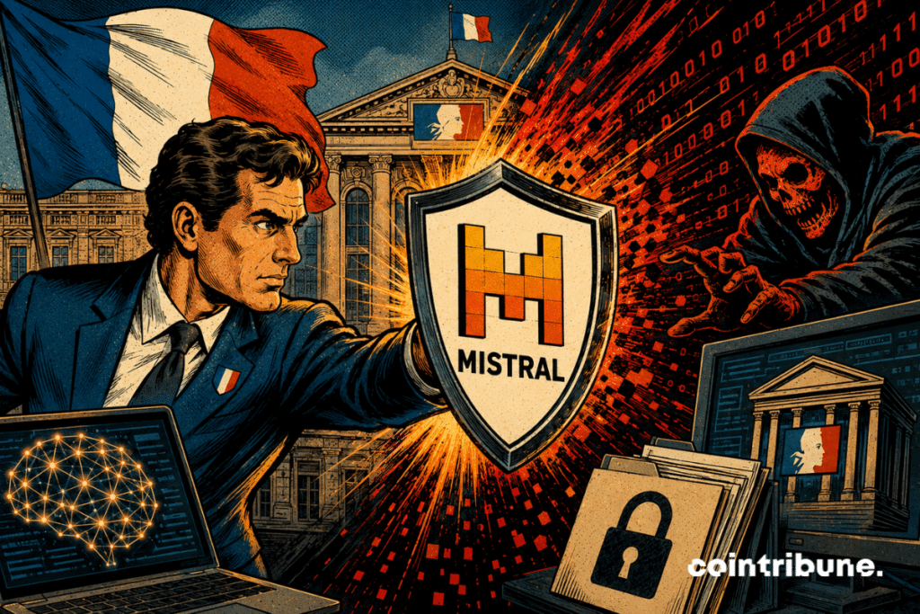 A French leader brandishes a Mistral digital shield, symbol of the protection of public data thanks to this AI.