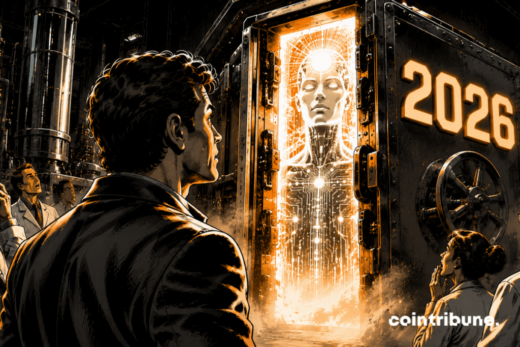 In a retrofuturistic laboratory, a three-quarter view of an OpenAI executive stands in front of a gigantic armored door bearing only 2026. The door begins to open. Behind her appears the dazzling silhouette of a humanoid artificial intelligence, whose brain is made up of an almost cosmic network of circuits and light.