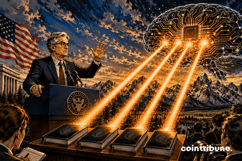 In front of the spectacular mountains of Jackson Hole, a central bank president (Kevin Warsh) stands behind an institutional lectern. He raises a hand with a serious expression. In front of him, four beams of light emerge simultaneously from four files placed on the desk. The beams reach a gigantic artificial brain made up of circuits and processors, occupying a large part of the sky.