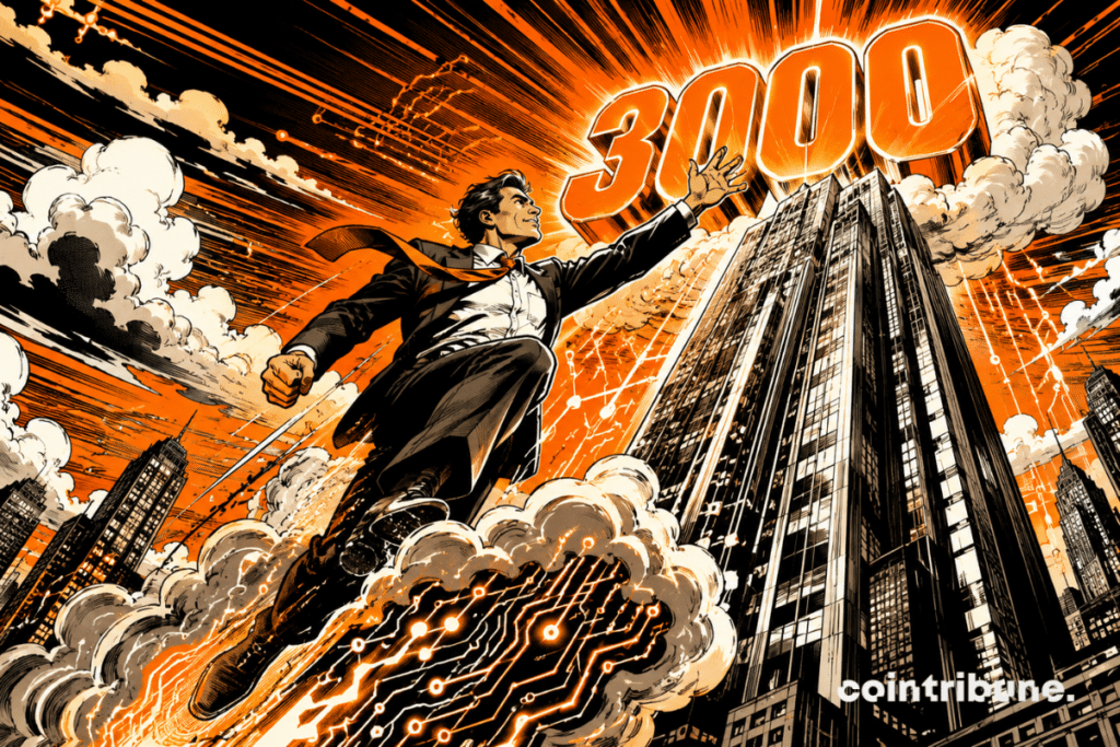 70s comic illustration: a leader propelled to an immense 3000 by AI and the cloud, symbolizing the meteoric rise of Amazon.