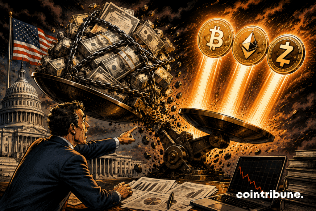 An analyst in a suit stands in front of a gigantic financial scale symbolizing American debt. On a set, a mountain of notes, bonds and chains becomes so heavy that the mechanism collapses. On the other side, three mysterious crypto tokens are starting to be propelled upwards. The character points to the three assets with an expression of surprise.