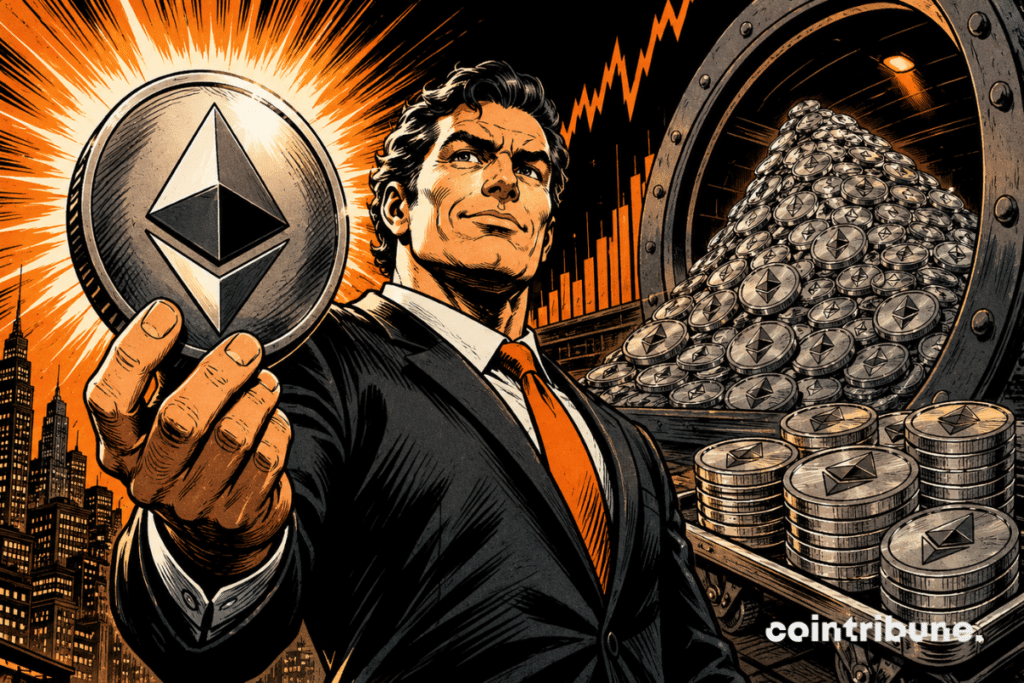 Ethereum and BitMine: An investor displays a coin of ETH in front of a massive supply of Ethereum, illustrating the accumulation of cryptocurrencies.