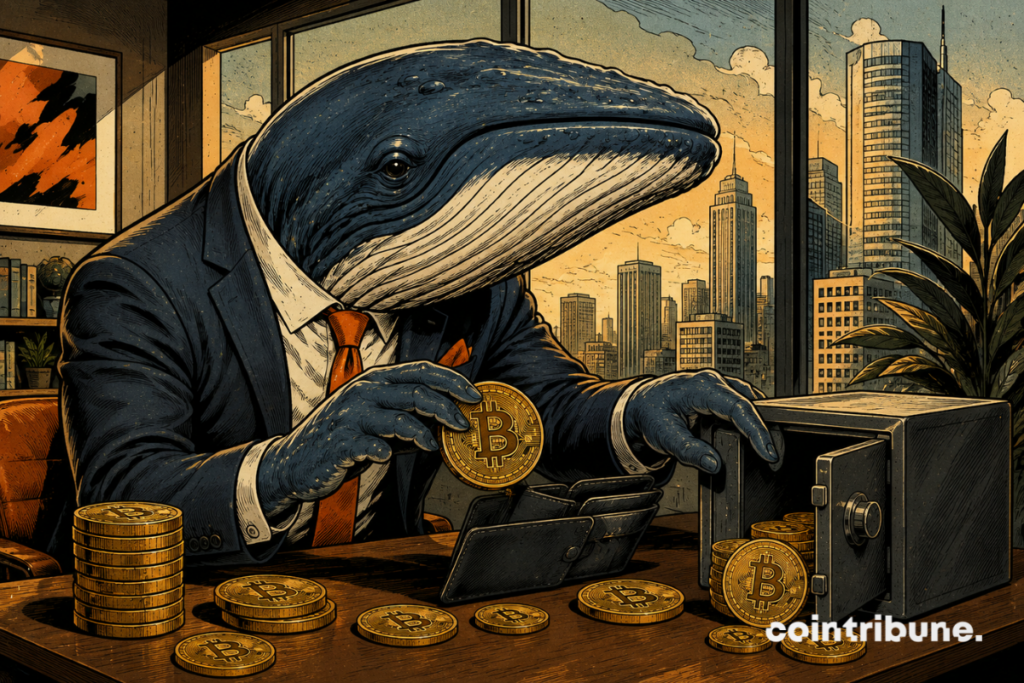 A whale counts its Bitcoin coins.