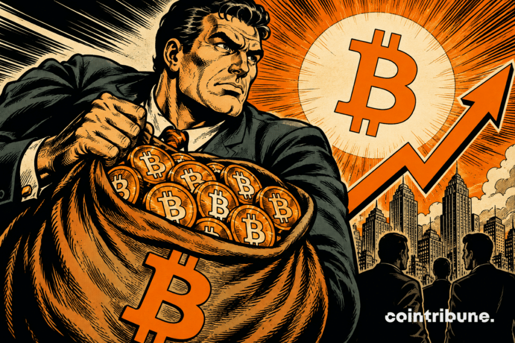 70s comic illustration: a financial whale accumulates bitcoins in a huge bag, while a bullish arrow dominates an urban horizon.