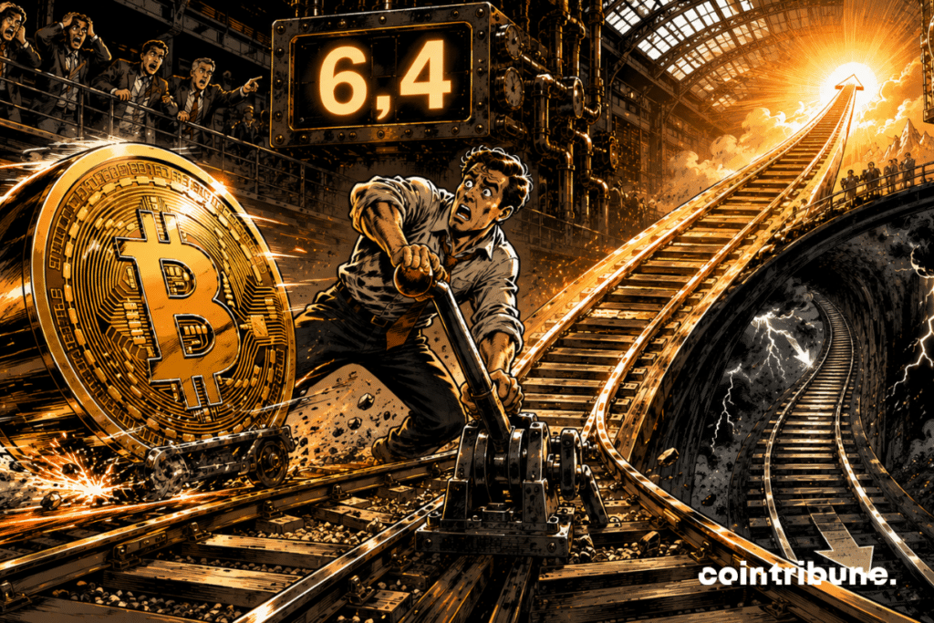 A panicked trader activates a gigantic railway switch. A huge Bitcoin launched at full speed arrives behind him. A few meters further, the path suddenly divides: one branch rises towards the sky, the other plunges into a dark tunnel. A mechanical meter above the switch reads only 6.4.