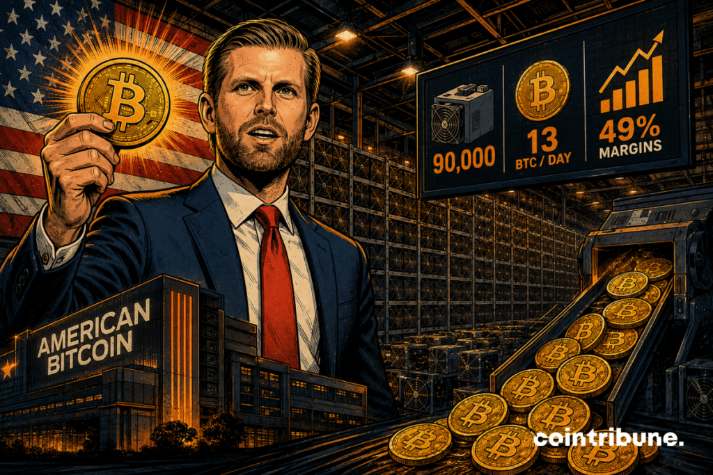 Eric Trump holds up a Bitcoin in front of an American flag, surrounded by thousands of mining machines, charts, numbers and golden coins.