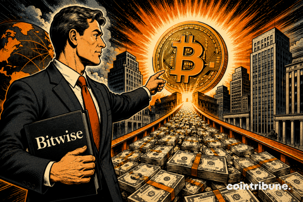 Capital flows into a giant Bitcoin coin as a Bitwise representative looks on.