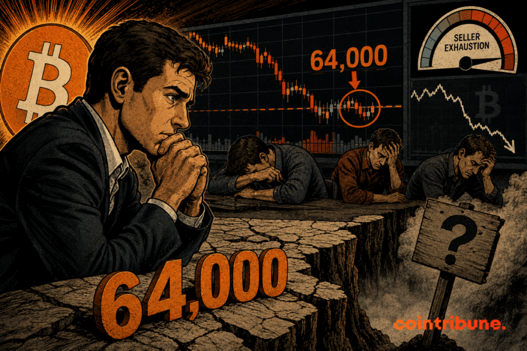 Exhausted investors watch Bitcoin stall around $64,000 as the decline slows without confirming a true bottom.