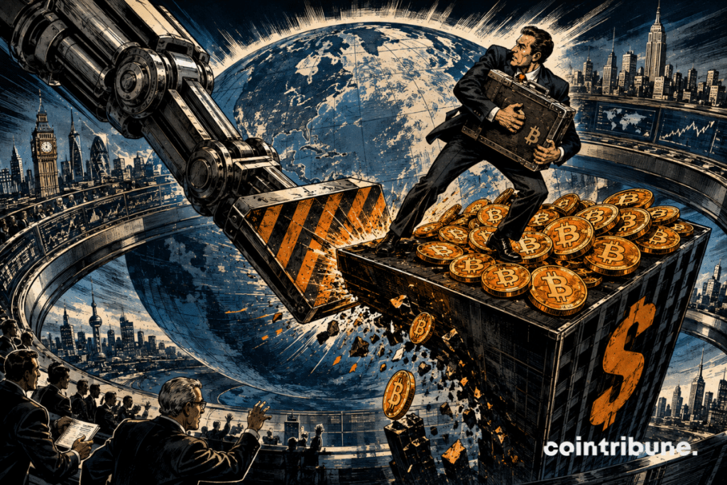 A platform loaded with bitcoin is pushed out of a global financial ring by a mechanical arm.