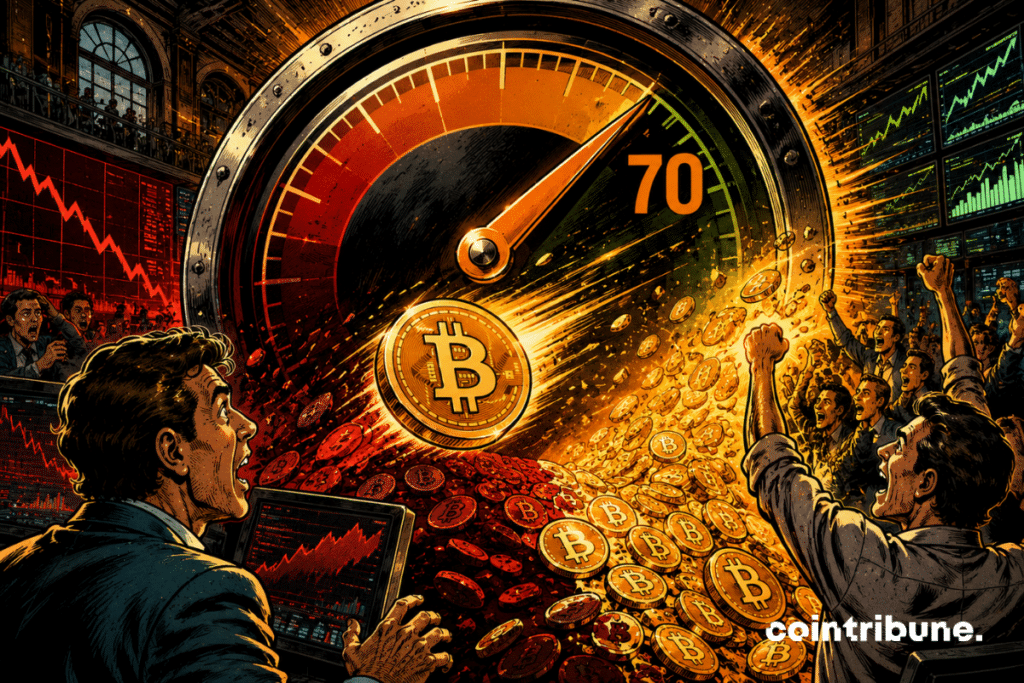 A Bitcoin counter jumps towards 70 as the market swings from red to profit.