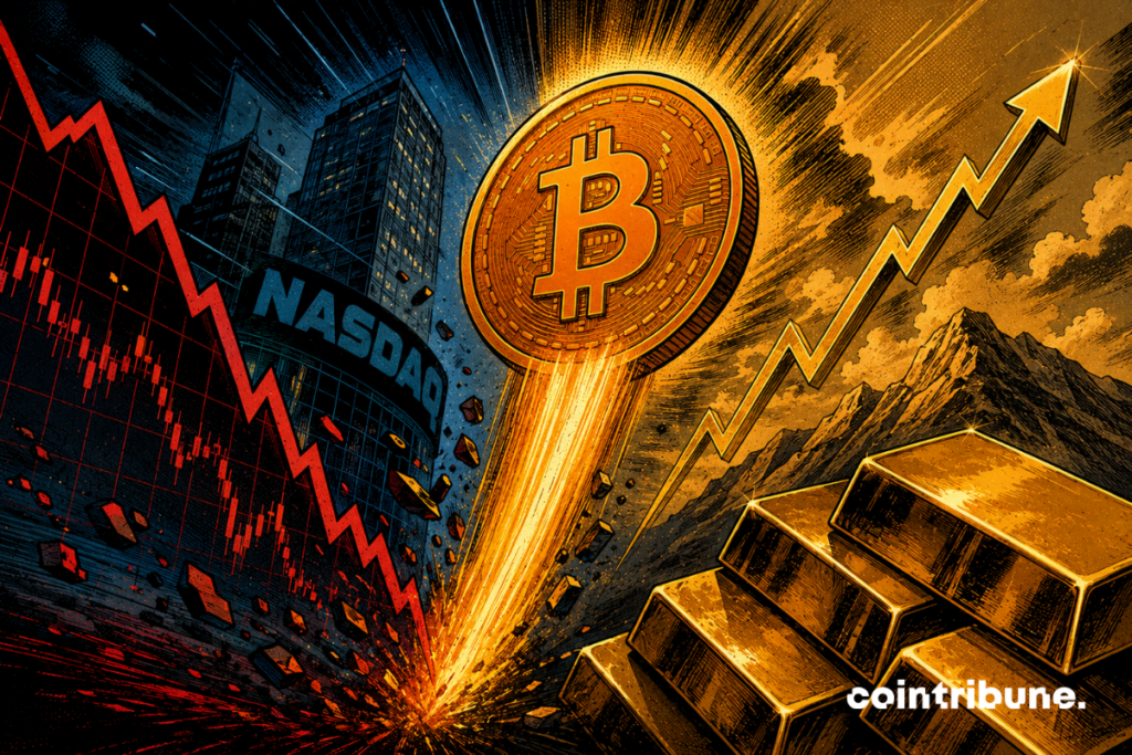 A bright Bitcoin rises between a falling Nasdaq, dark skyscrapers, gold bars and a golden upward arrow.