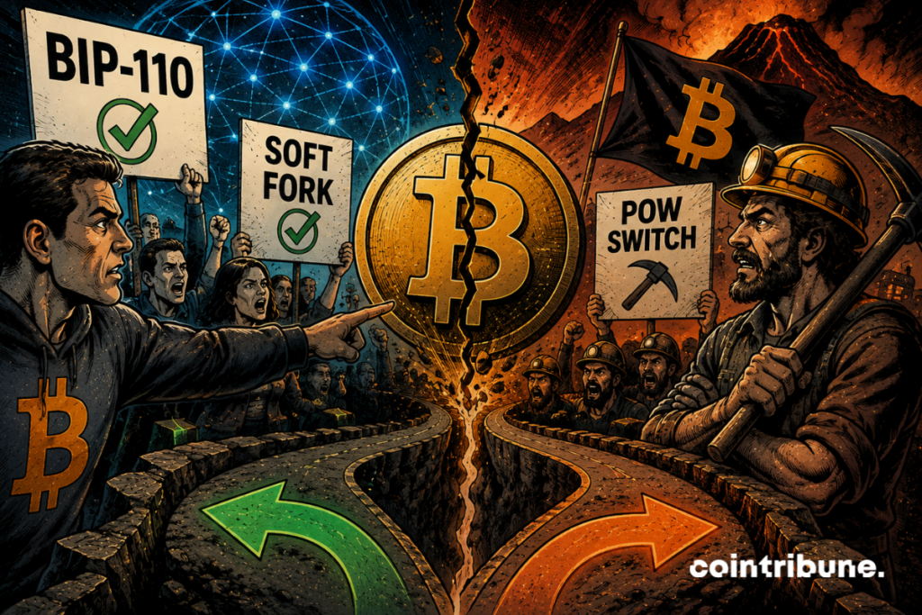 A cracked bitcoin separates two opposing camps, with protesters, miners, signs, pickaxes and diverging roads in a tense atmosphere.