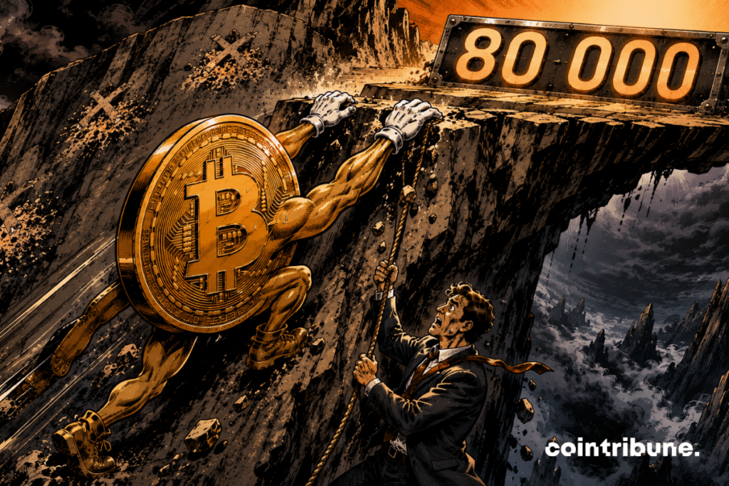 A gigantic personified Bitcoin attempts to scale the last wall of a steep mountain. His hands almost reach a metal ledge carrying only 80,000. However, the ledge breaks under his weight. Bitcoin begins to slide backwards while a trader hanging on a rope stares into space in terror.