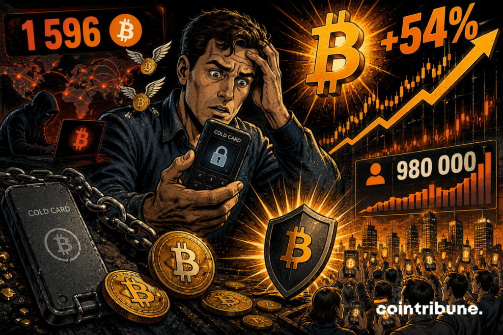 A worried man holds a Coldcard wallet in front of a hacker, bitcoins, padlocks, a crowd and several sharply ascending charts.