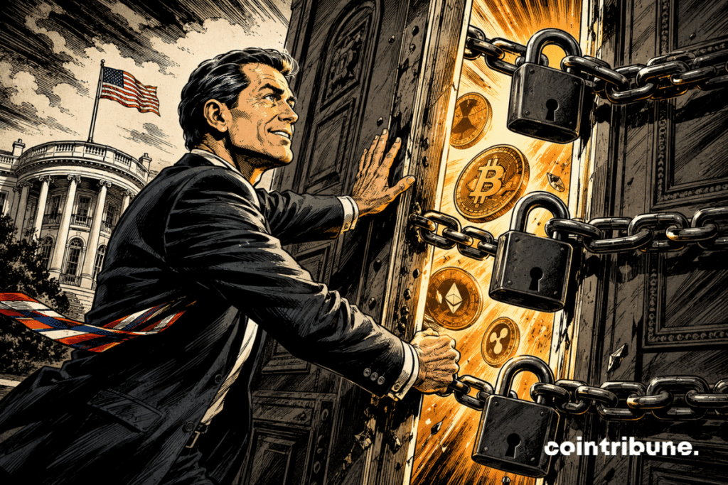 A US official pushes a chained door leading to crypto, in front of the White House.