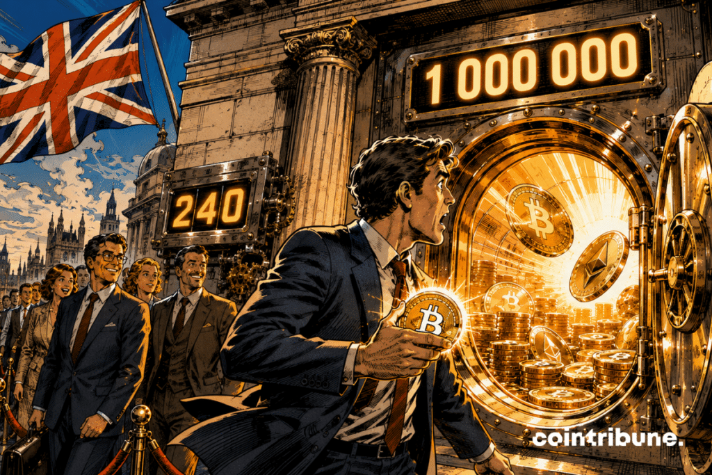 In front of an imposing London bank, a gigantic safe door displays only 1,000,000. A prominent British investor has just walked through the door, glowing crypto wallet in hand. He turns around, totally stunned by what he discovers. Behind him, a long line of investors advances towards the safe. A mechanical counter reads 240.