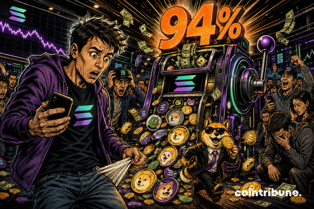 Panicked traders surround a Solana memecoin machine dominated by the figure 94%.