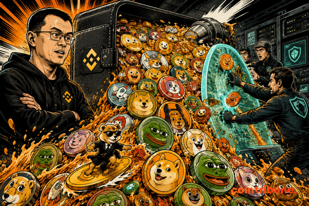 An avalanche of memecoins overflows from a crypto wallet while a digital shield attempts to contain the flow.