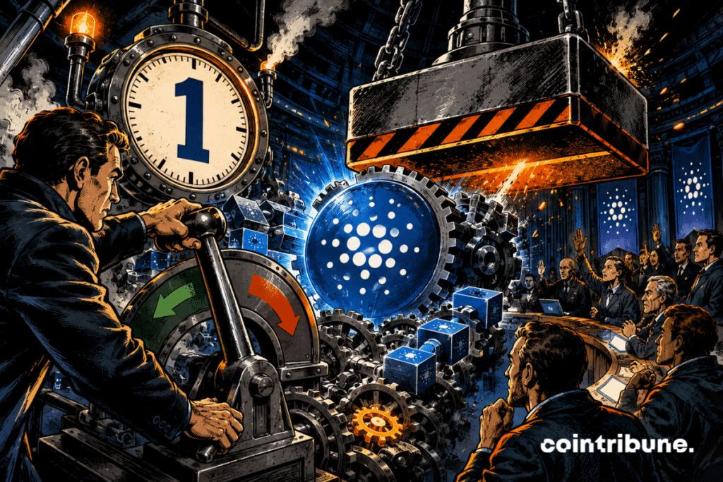 An operator pulls a lever facing the ADA crypto and the Cardano network while a dial reads 1 and a press threatens the gears.