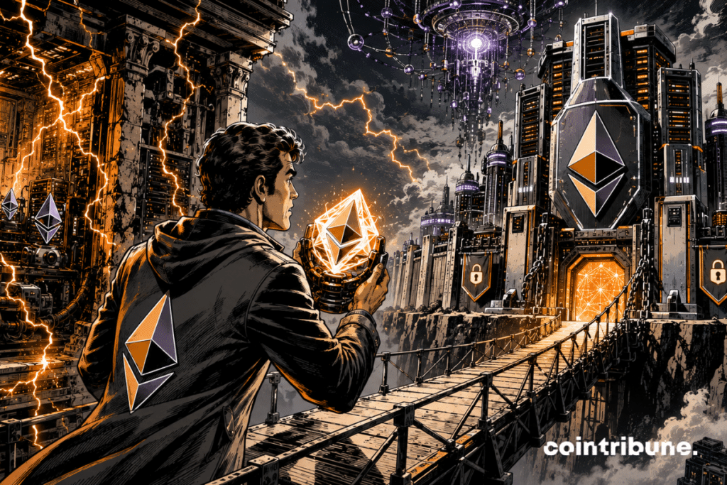 An Ethereum engineer in the foreground transfers a crystalline core reminiscent of ETH from an old staking machine to a towering futuristic computer fortress. He advances on a suspended walkway, holding the heart preciously in his hands.