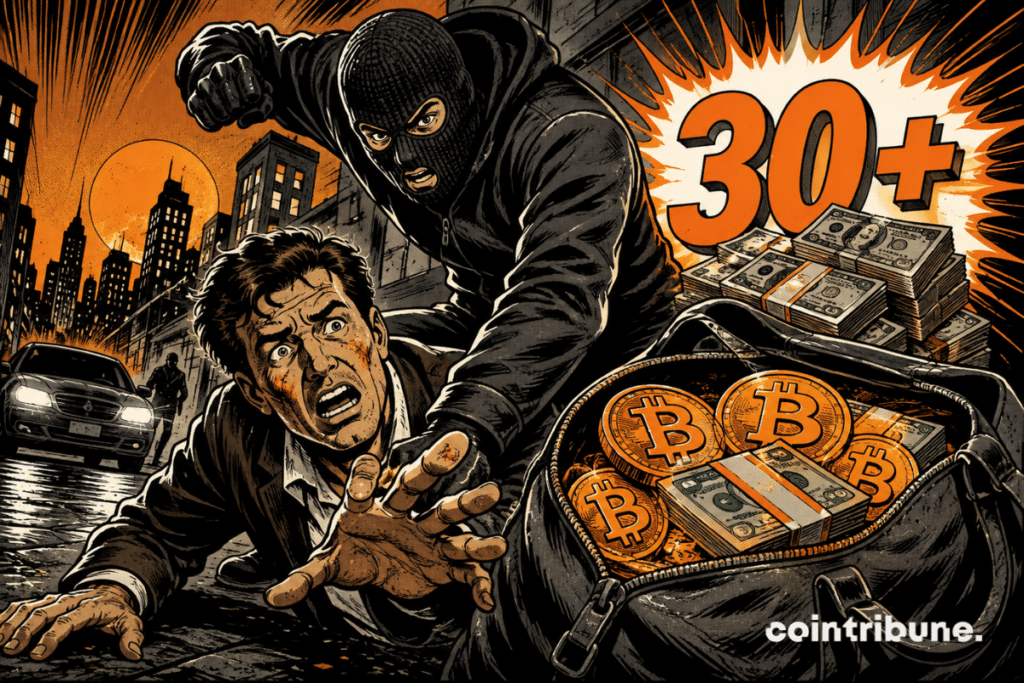 Illustration of a physical attack targeting a holder of cryptocurrencies, with a masked assailant, bitcoins and wads of banknotes symbolizing more than 30 million dollars stolen in 2026.