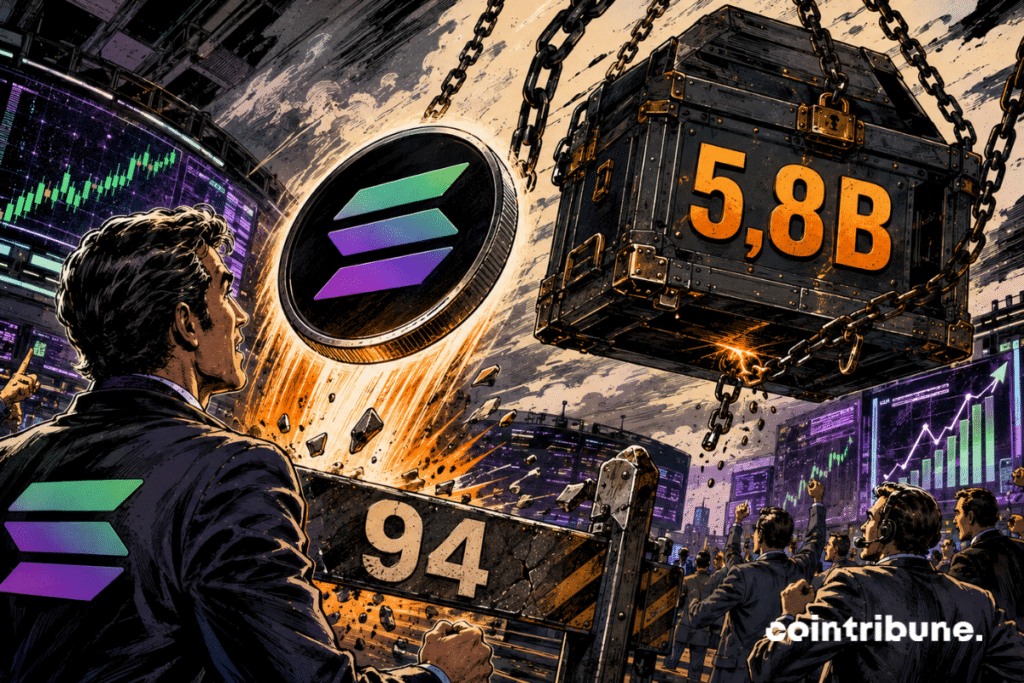 A Solana coin crosses the threshold of 94 under a hanging chest marked 5.8B.