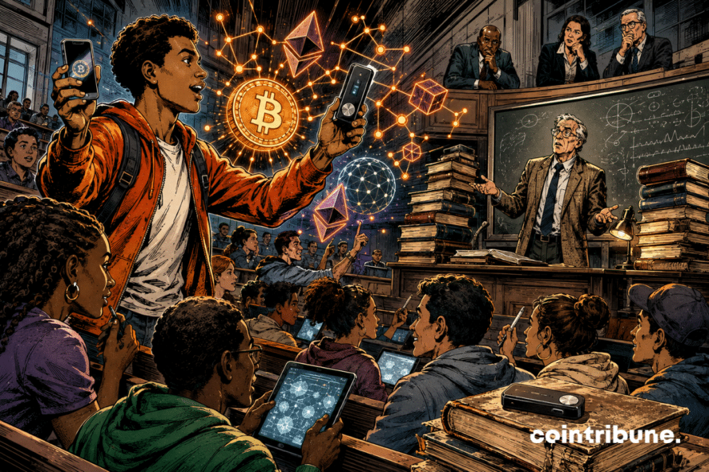 Students explore crypto and blockchain in a lecture hall, facing still very traditional teaching.