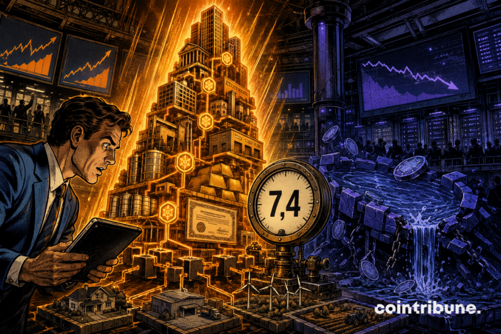 An orange tower of tokenized real assets rises against a falling blue DeFi platform, below a gauge reading 7.4.