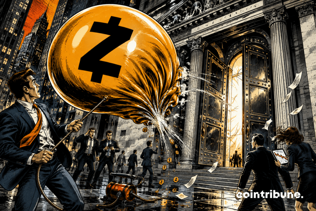 A Zcash balloon deflates in front of a financial building, as surprised crypto investors look on.