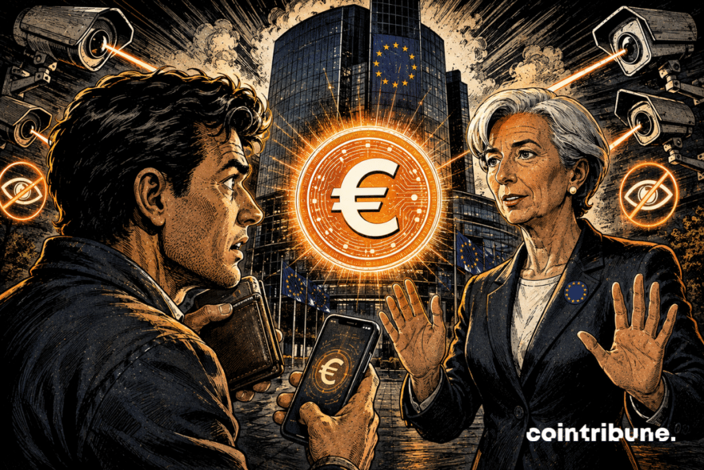 A concerned citizen confronts a European representative around a luminous digital euro, under the symbolic gaze of omnipresent institutional surveillance.