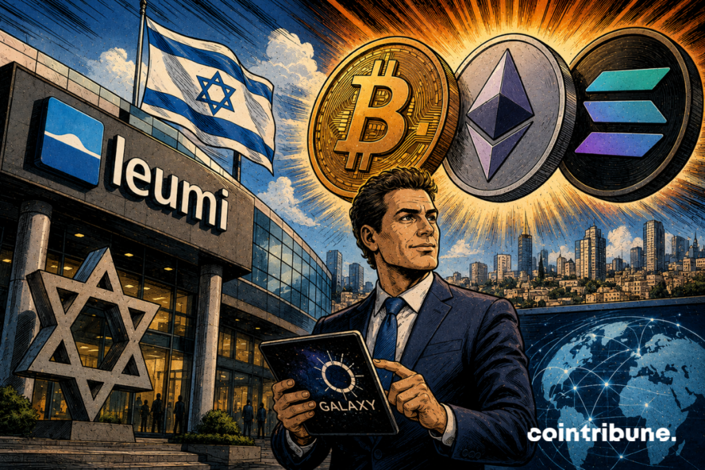 A man in a suit holds a tablet in front of Bank Leumi, surrounded by the Israeli flag, Bitcoin, Ethereum, Solana and Galaxy.