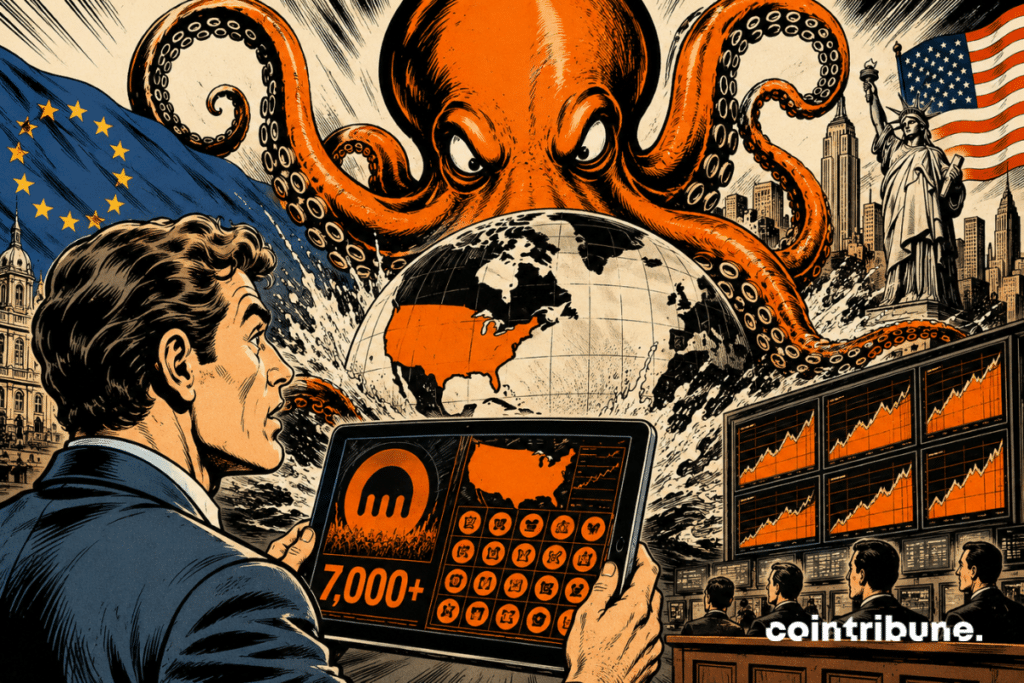 Illustration of Kraken opening access to over 7,000 US stocks to European investors, with Wall Street and financial markets in the background.