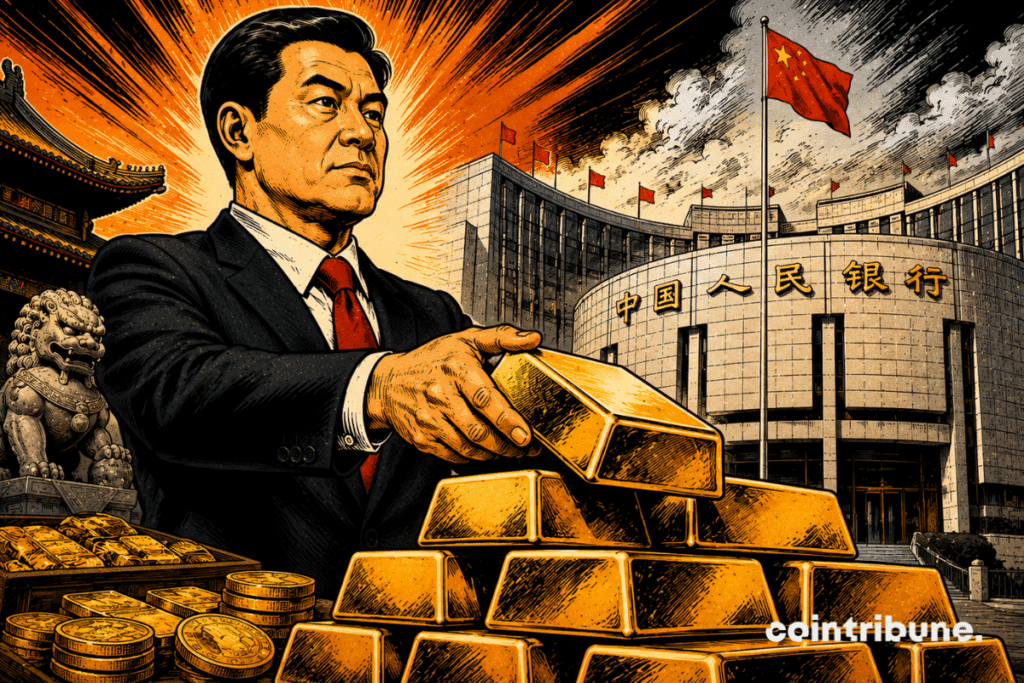 A governor of the People's Bank of China displays gold bars.
