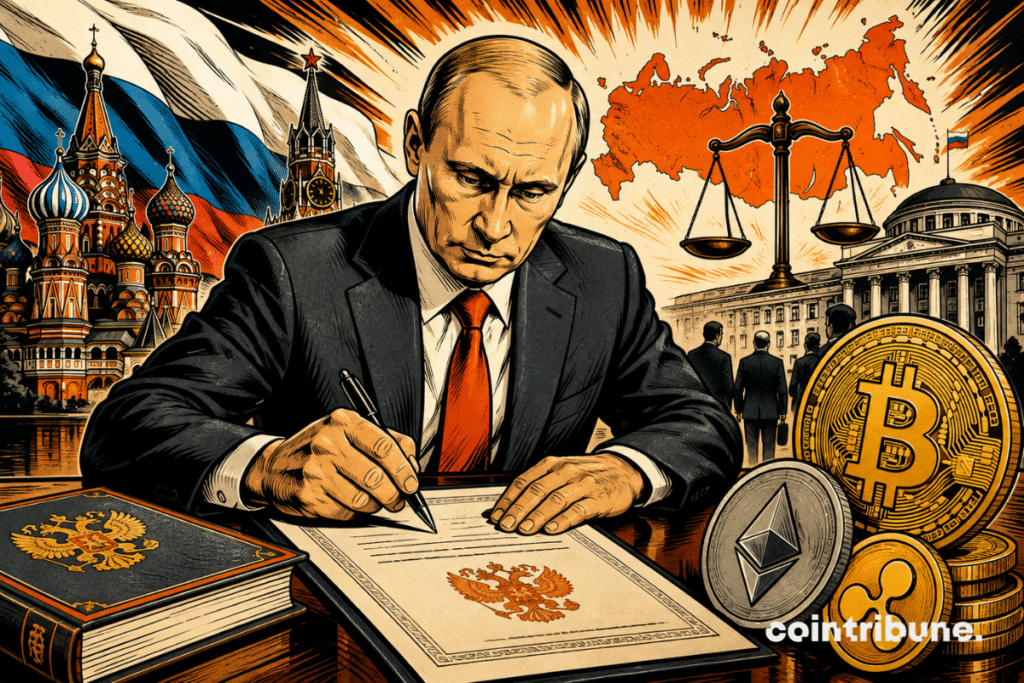 Illustration of Russia signing a new crypto law, with Vladimir Putin, Bitcoin, Ethereum and regulatory framework symbols.