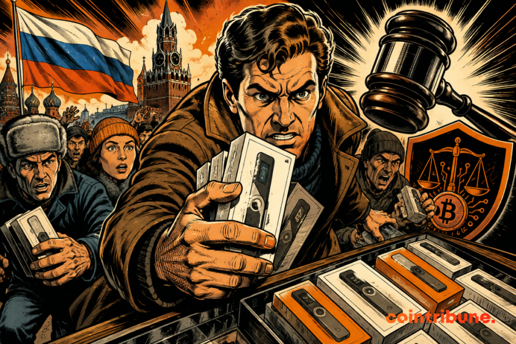 Illustration showing Russians purchasing hardware cryptocurrency wallets before new rules come into force.
