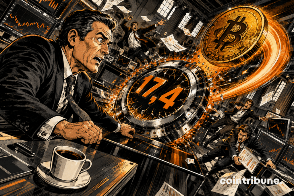 A trading floor rocks as a dial reads 17.4 and a giant Bitcoin coin crosses the stage.