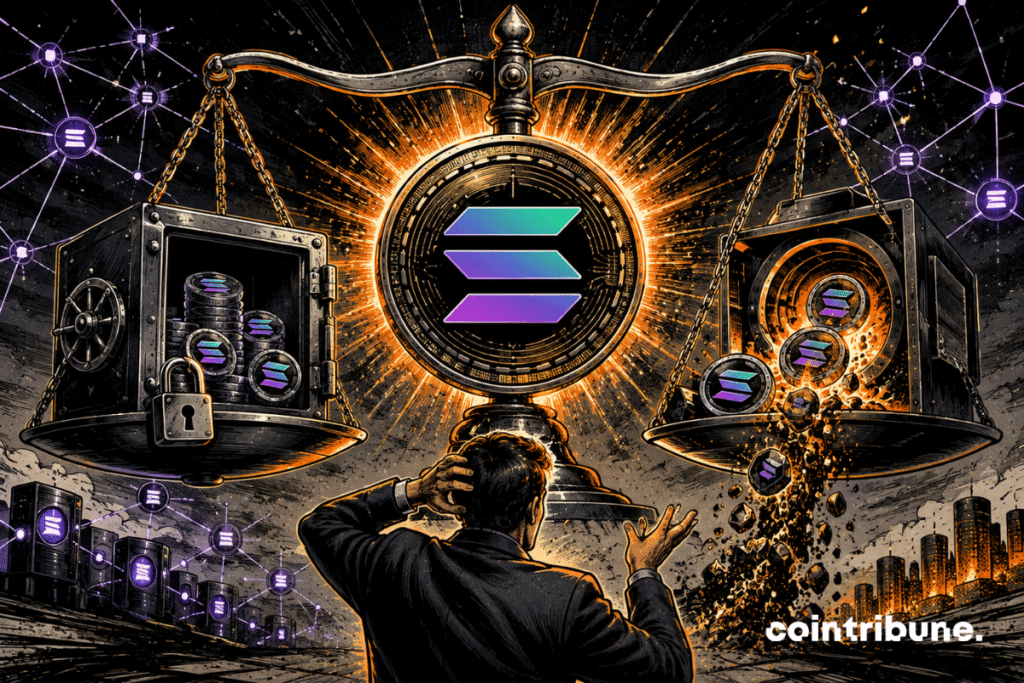 Solana hesitates between preserving staking and making SOL scarce, while an investor observes a blockchain balance on the verge of tipping over.
