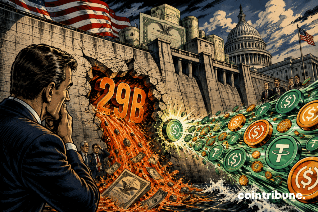 Stablecoins are flocking to a breach marked 29B in a dam symbolizing US debt.