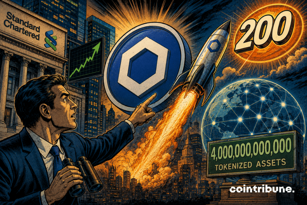 A man points a Chainlink rocket towards the sky, surrounded by a huge logo, skyscrapers, graphics and glowing connected globe.