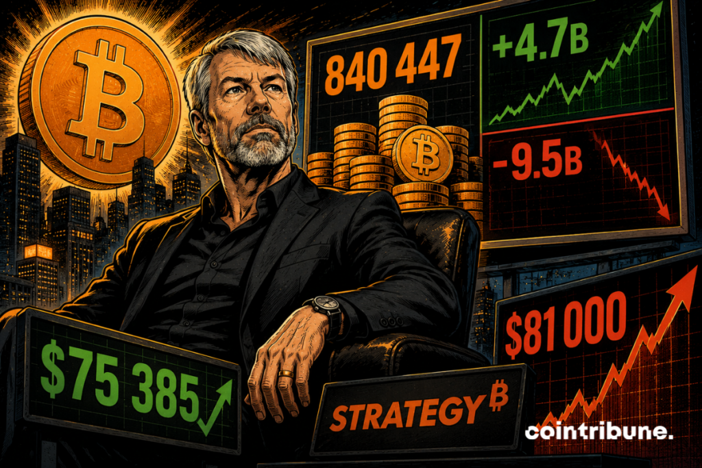 A bearded executive sits in front of a giant Bitcoin, stacks of coins, several financial graphs and bright contrasting numbers.