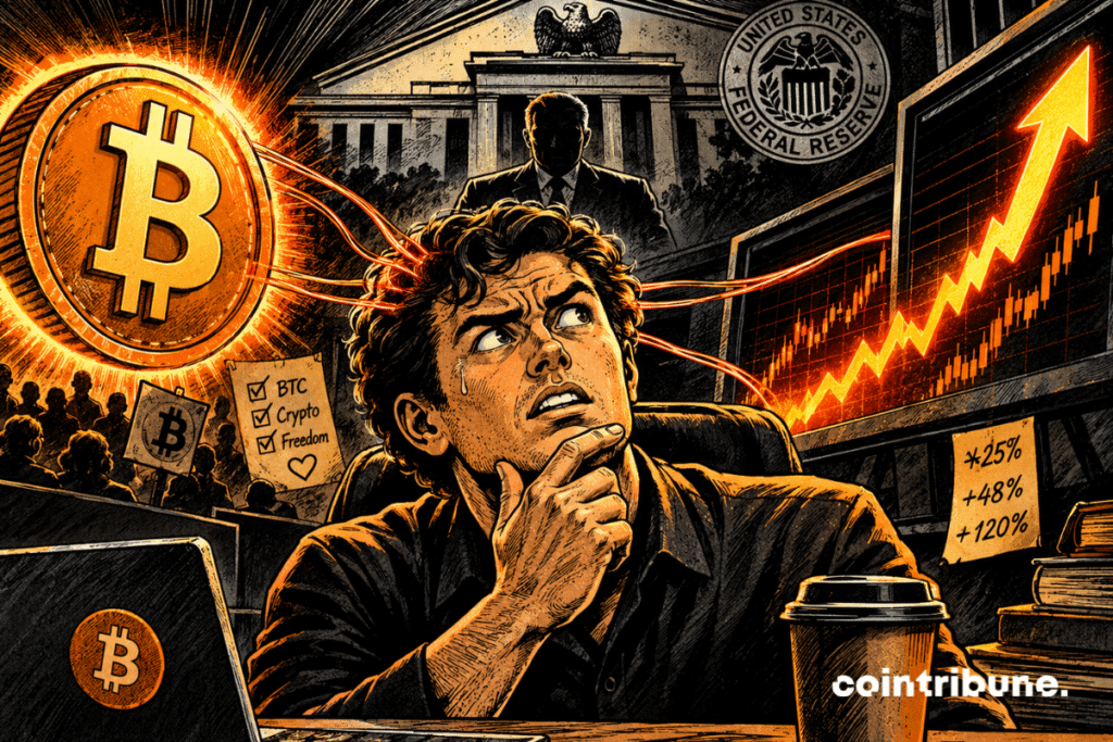 A crypto investor hesitates between his beliefs and the allure of bitcoin returns, under the influence of a mysterious, omnipresent and threatening financial authority.