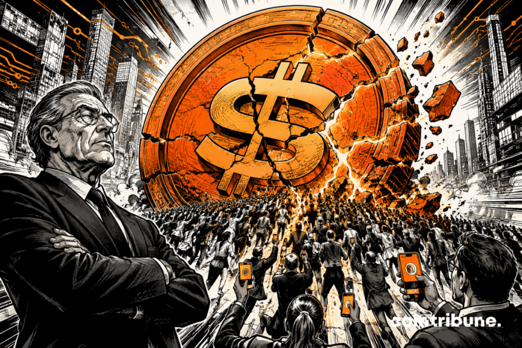 A gigantic cracked digital coin collapses under the pressure of a crowd, while a banker watches, skeptically.