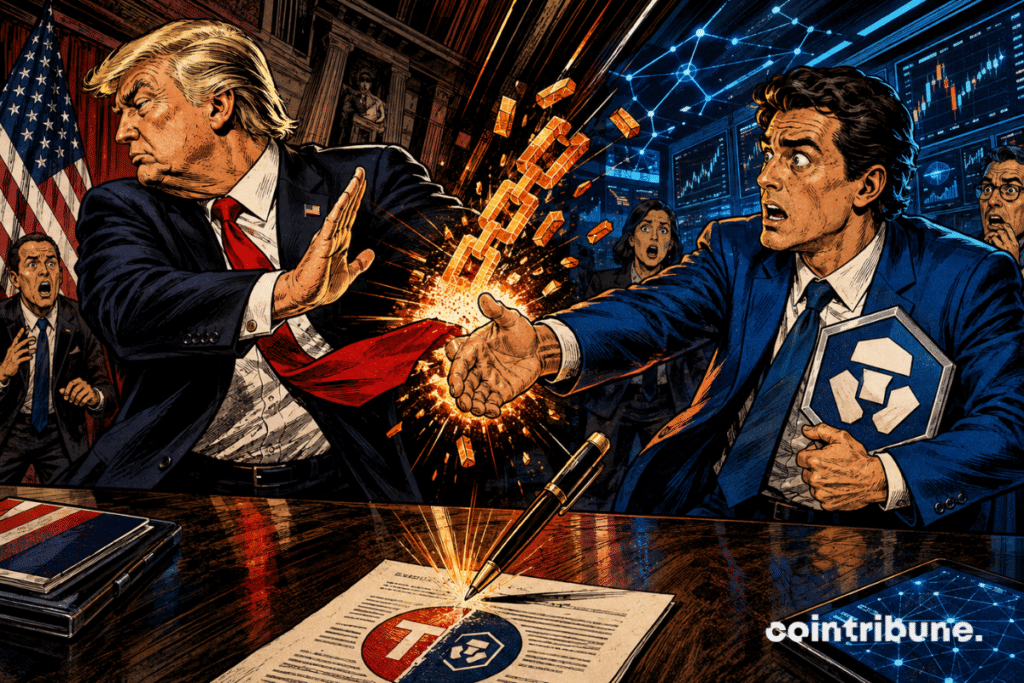 Two executives interrupt a handshake as a blockchain chain breaks between them.