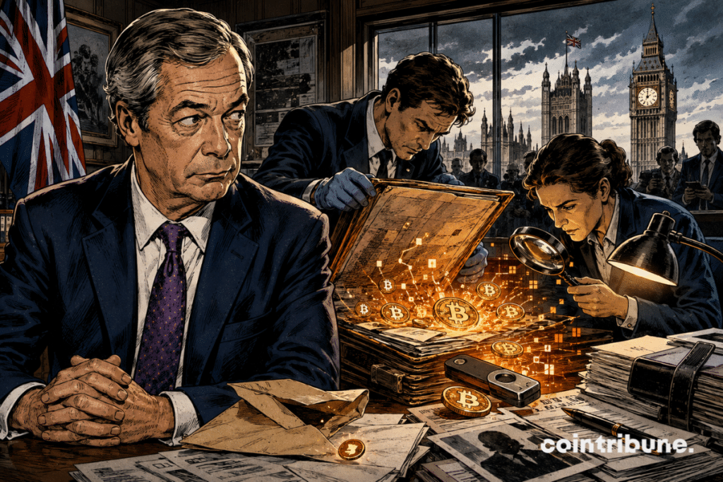 Nigel Farage watches a crypto donation file being examined by investigators outside Westminster.