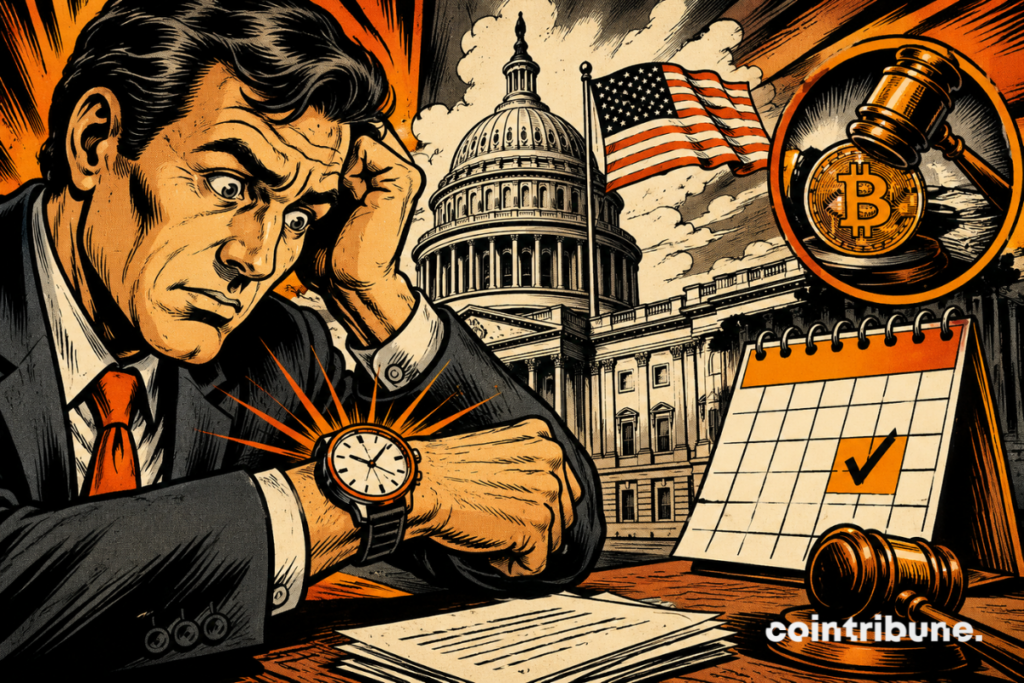 Illustration of a worried man in front of the US Capitol, with a gavel, a Bitcoin symbol and a calendar, discussing the postponement of the vote on the CLARITY Act in the United States.