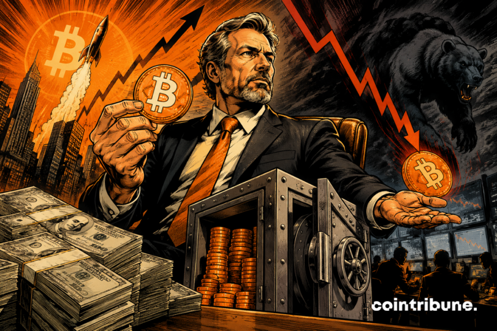 Illustration of Strategy and Michael Saylor with bitcoins in front of a vault, as the company maintains $4.8 billion in cash.