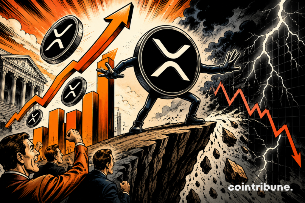 Illustration of XRP resisting high volatility, with rising and falling charts representing tensions around its ETFs.