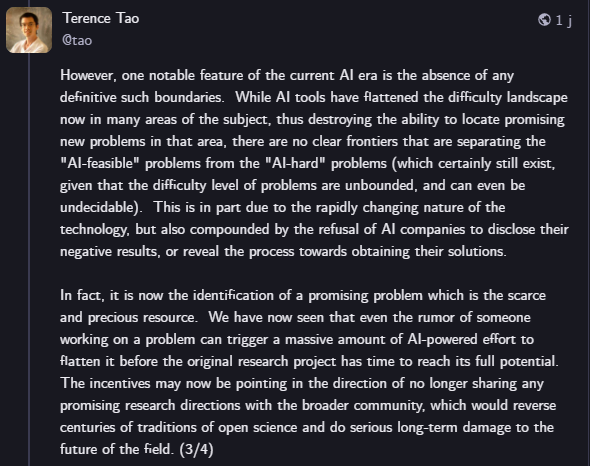 Excerpt from Terence Tao's statement on the use of AI in the field of mathematics. Source: Mathstodon