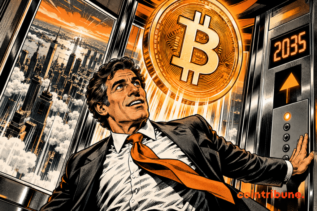 Illustration of Bitcoin projected around 2035, with an increase symbolized by an elevator and a futuristic city.